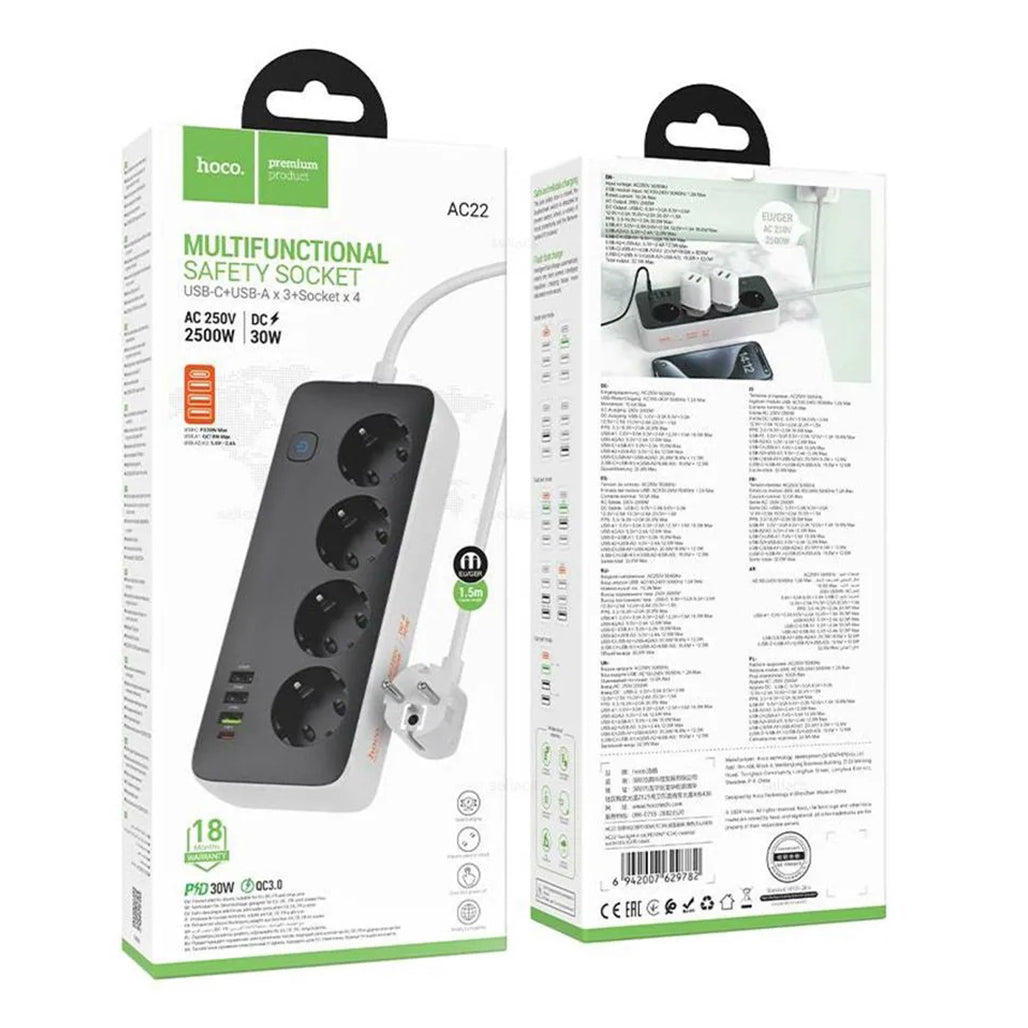 A Photo Of Hoco AC22 - Multifunctional Power Strip - (USB-C PD 30W, 3 USB-A Ports & 4 Universal Sockets)