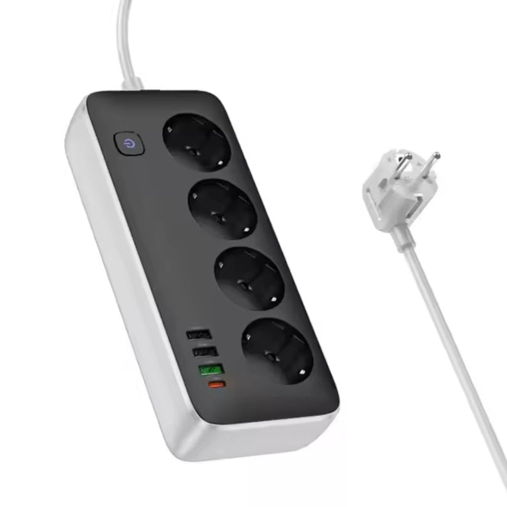 A Photo Of Hoco AC22 - Multifunctional Power Strip - (USB-C PD 30W, 3 USB-A Ports & 4 Universal Sockets)
