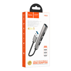 A Photo Of Hoco HB26 4-in-1 USB Hub – Aluminum Alloy, USB 3.0 & USB 2.0 Ports,