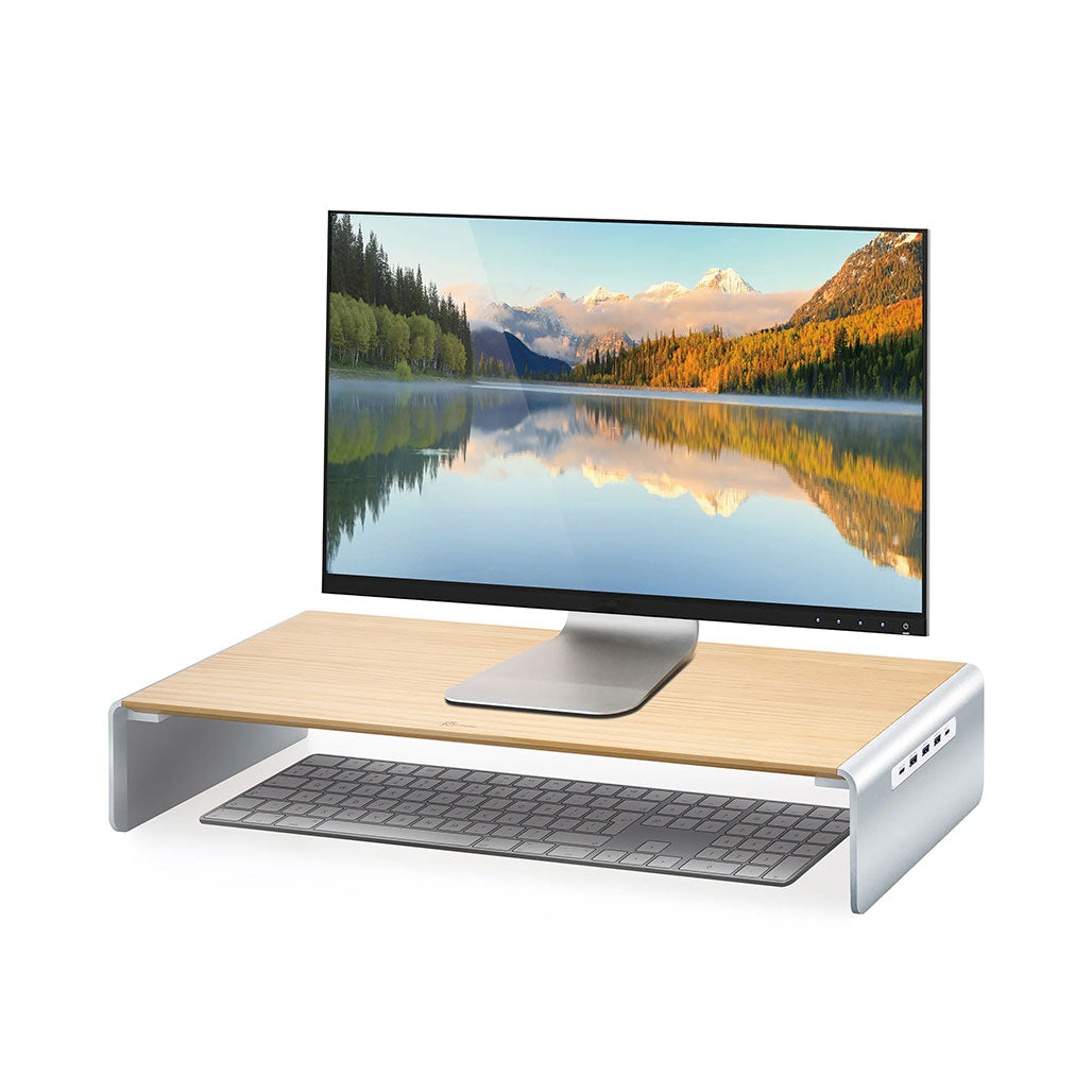 A Photo Of J5Create JCT425 Wood Monitor Stand with USB-C Docking Station – Eco-Friendly Desk Organizer with 4K HDMI and Power Delivery