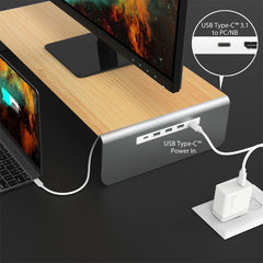 A Photo Of J5Create JCT425 Wood Monitor Stand with USB-C Docking Station – Eco-Friendly Desk Organizer with 4K HDMI and Power Delivery