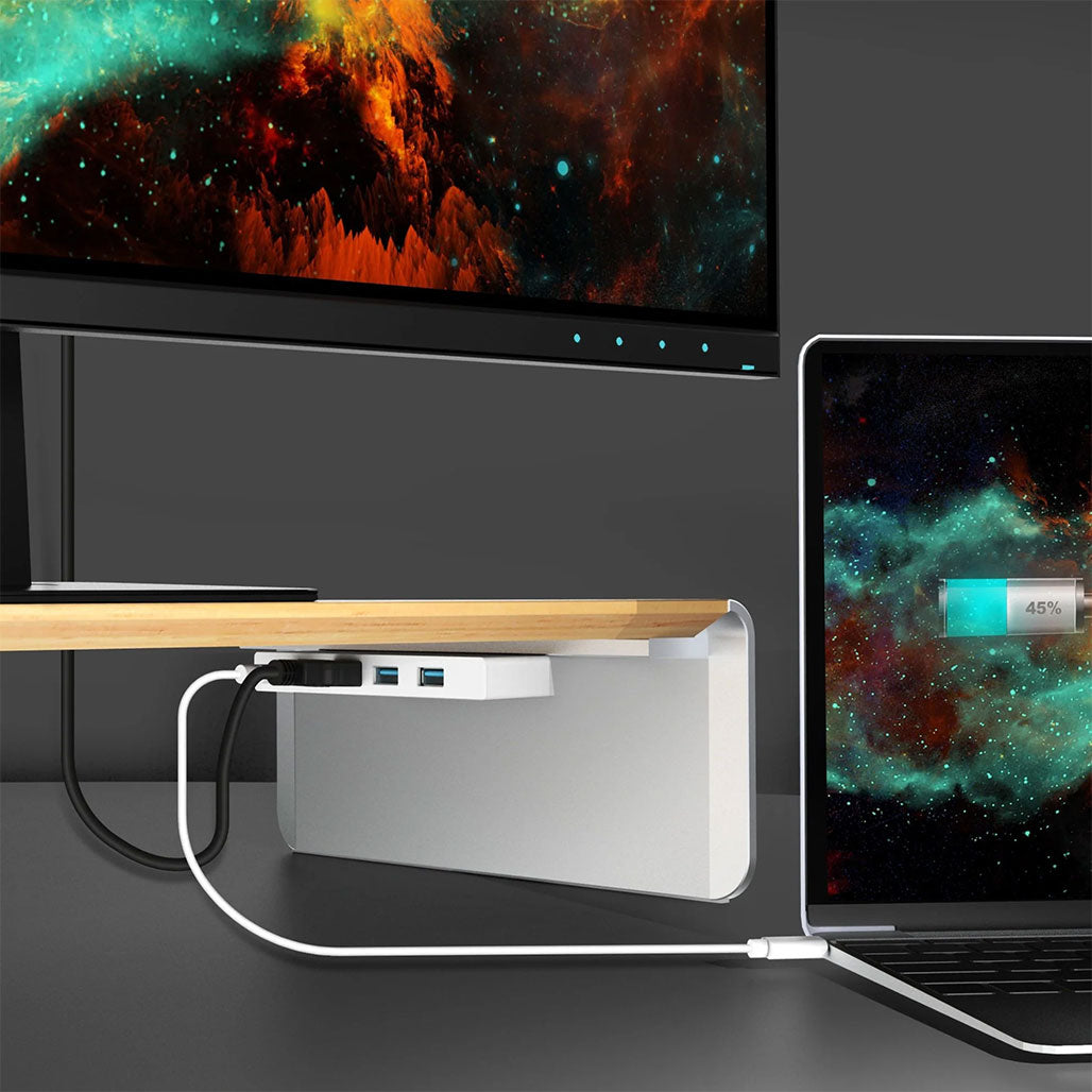 A Photo Of J5Create JCT425 Wood Monitor Stand with USB-C Docking Station – Eco-Friendly Desk Organizer with 4K HDMI and Power Delivery