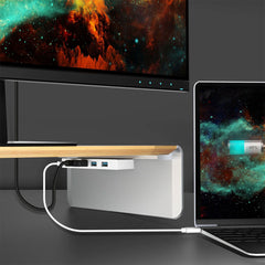 A Photo Of J5Create JCT425 Wood Monitor Stand with USB-C Docking Station – Eco-Friendly Desk Organizer with 4K HDMI and Power Delivery