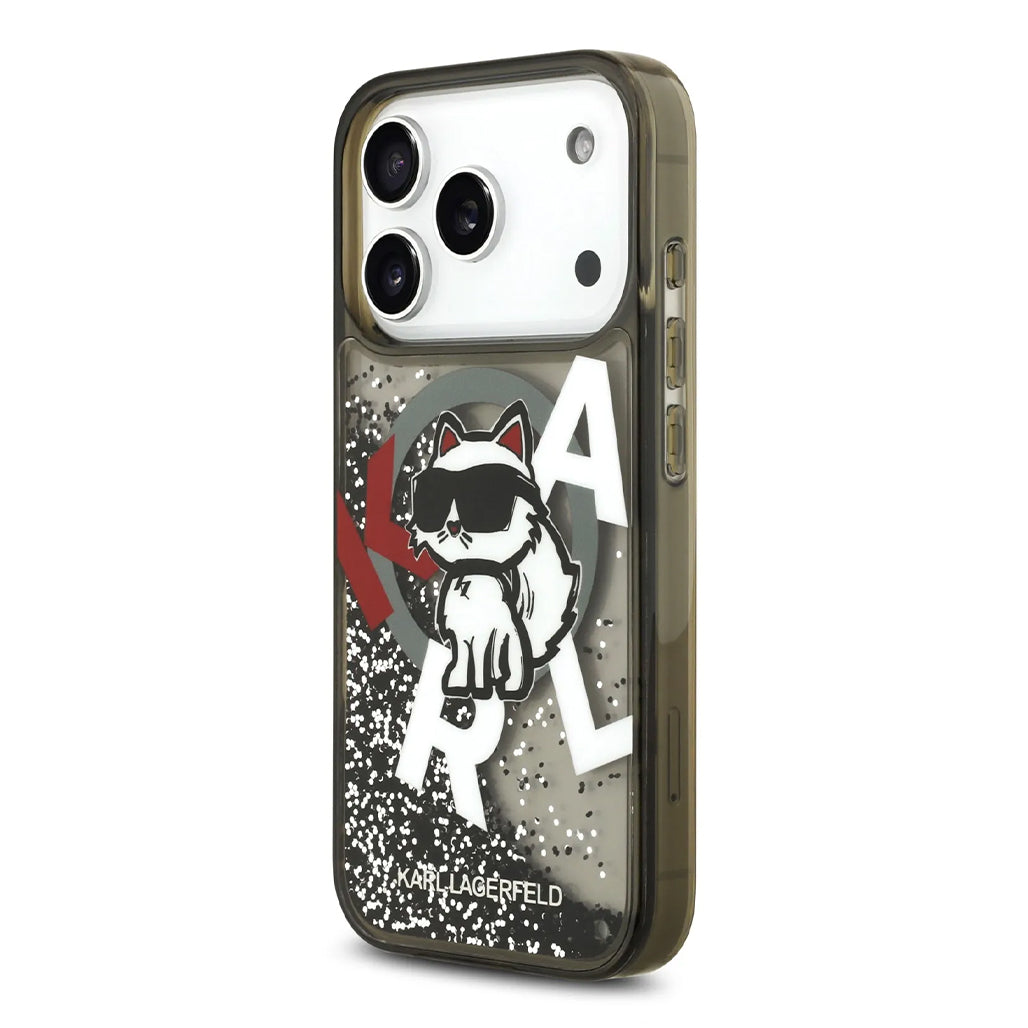 A Photo Of Karl Lagerfeld MagSafe Liquid Glitter Case with Scattered Choupette Logo for iPhone 17 Pro Max