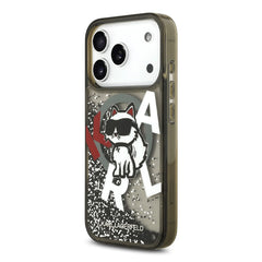 A Photo Of Karl Lagerfeld MagSafe Liquid Glitter Case with Scattered Choupette Logo for iPhone 17 Pro Max