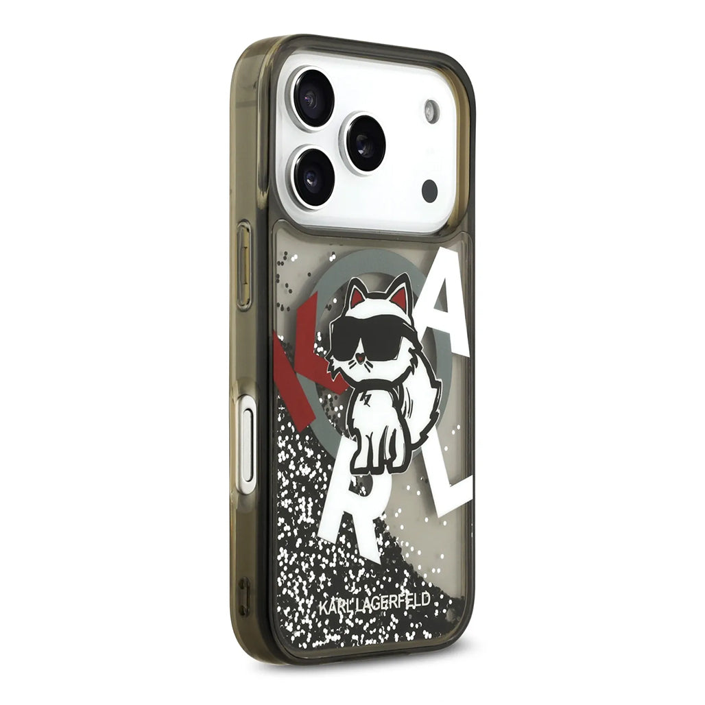A Photo Of Karl Lagerfeld MagSafe Liquid Glitter Case with Scattered Choupette Logo for iPhone 17 Pro Max