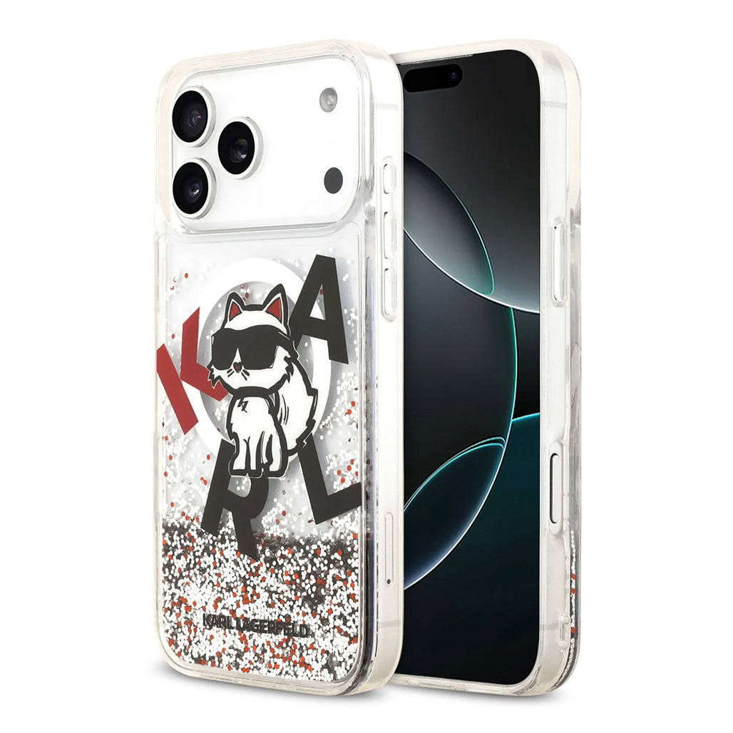 A Photo Of Karl Lagerfeld MagSafe Liquid Glitter Case with Scattered Choupette Logo for iPhone 17 Pro Max