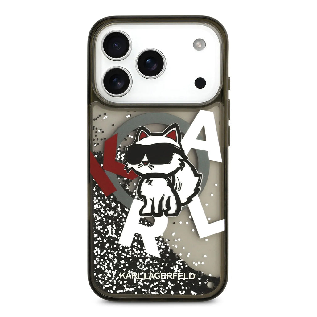 A Photo Of Karl Lagerfeld MagSafe Liquid Glitter Case with Scattered Choupette Logo for iPhone 17 Pro Max