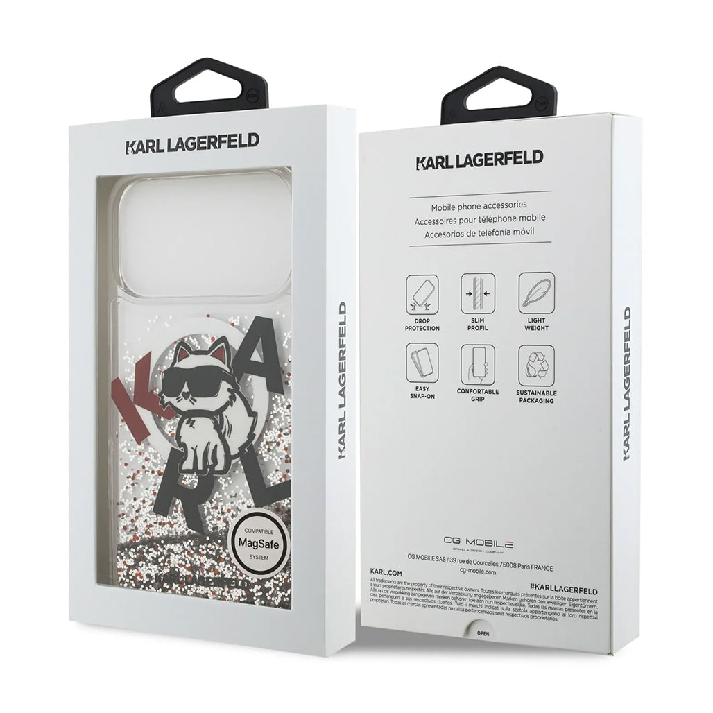 A Photo Of Karl Lagerfeld MagSafe Liquid Glitter Case with Scattered Choupette Logo for iPhone 17 Pro Max