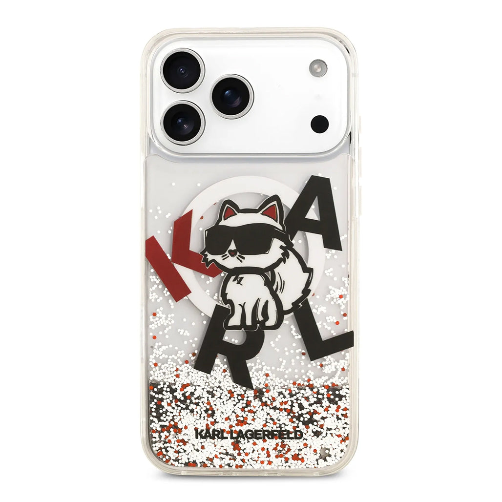 A Photo Of Karl Lagerfeld MagSafe Liquid Glitter Case with Scattered Choupette Logo for iPhone 17 Pro Max