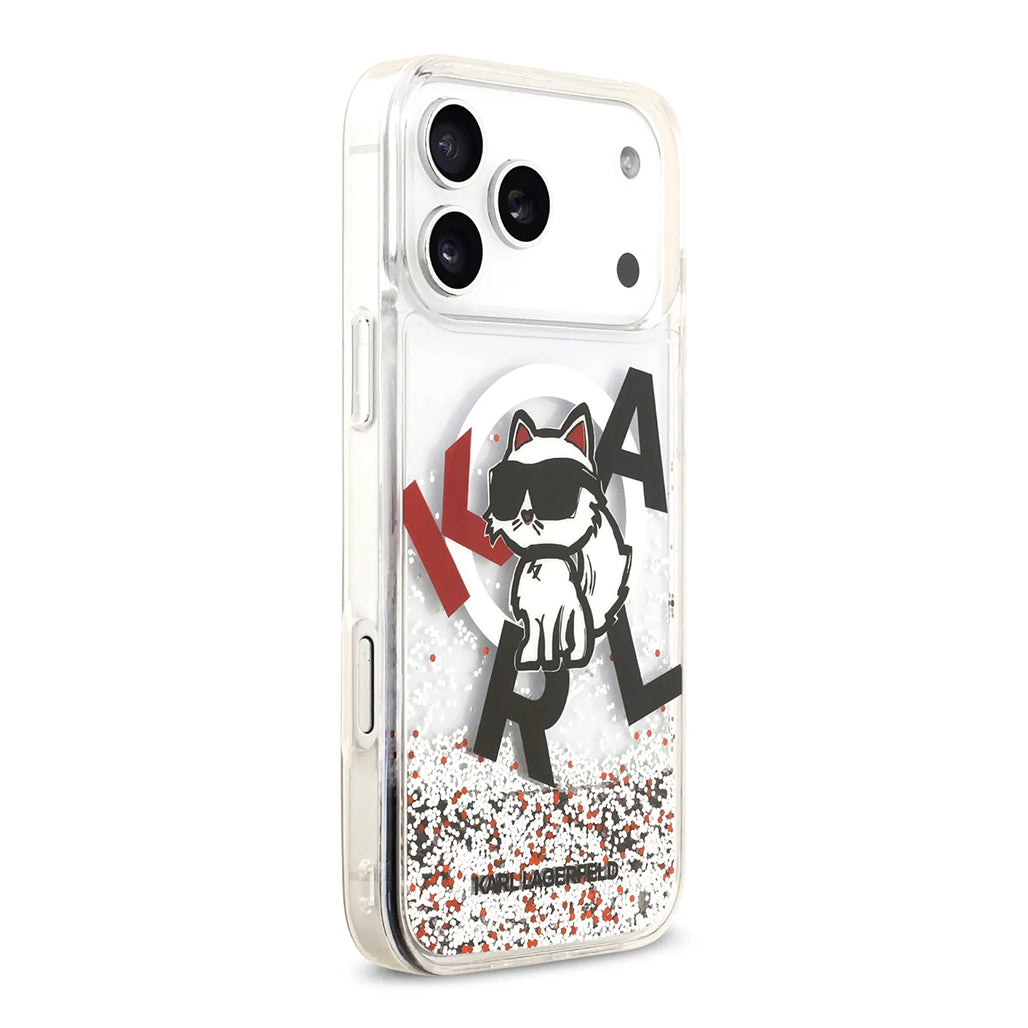 A Photo Of Karl Lagerfeld MagSafe Liquid Glitter Case with Scattered Choupette Logo for iPhone 17 Pro Max