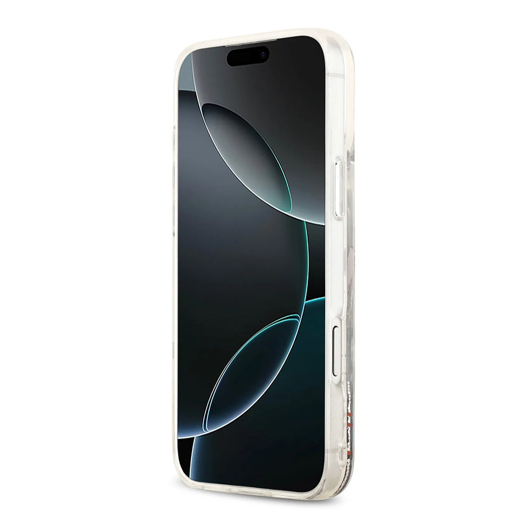 A Photo Of Karl Lagerfeld MagSafe Liquid Glitter Case with Scattered Choupette Logo for iPhone 17 Pro Max