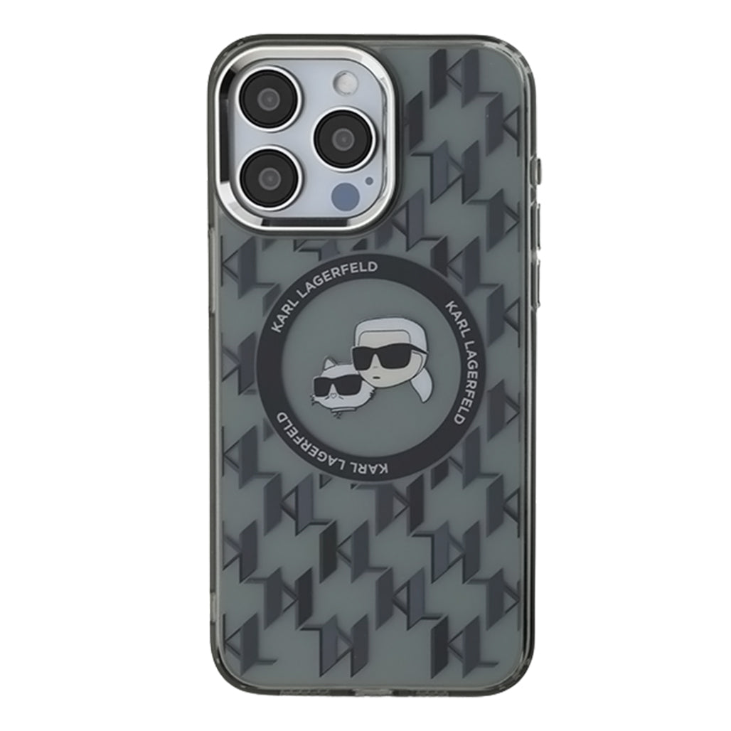 A Photo Of Karl Lagerfeld iPhone 16 Pro Case – Black Hard IML Monogram Karl&Choupette Head with MagSafe Compatibility