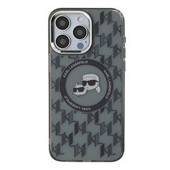 A Photo Of Karl Lagerfeld iPhone 16 Pro Case – Black Hard IML Monogram Karl&Choupette Head with MagSafe Compatibility