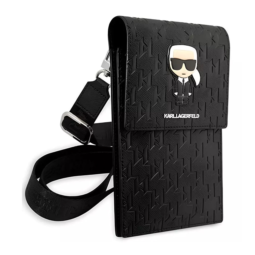 A Photo Of Karl Lagerfeld Monogram Ikonik Wallet Phone Bag – Black ECO Leather Crossbody Purse for Phone, Cards & Essentials