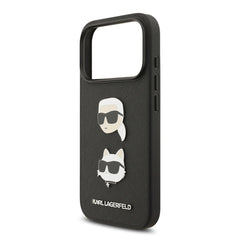 A Photo Of Karl Lagerfeld Full Wrapped Saffiano Leather Case with Karl & Choupette Head Pins for iPhone 17 Pro