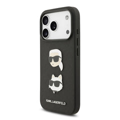 A Photo Of Karl Lagerfeld Full Wrapped Saffiano Leather Case with Karl & Choupette Head Pins for iPhone 17 Pro