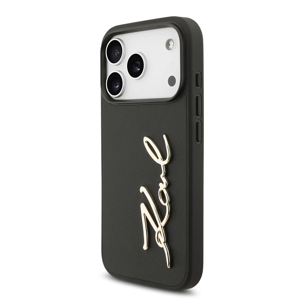 A Photo Of Karl Lagerfeld PU Leather Case with Script Logo & Metal Buttons for iPhone 17 Pro