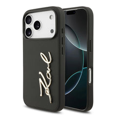 A Photo Of Karl Lagerfeld PU Leather Case with Script Logo & Metal Buttons for iPhone 17 Pro