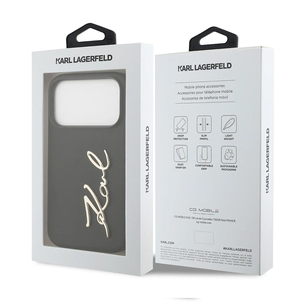 A Photo Of Karl Lagerfeld PU Leather Case with Script Logo & Metal Buttons for iPhone 17 Pro