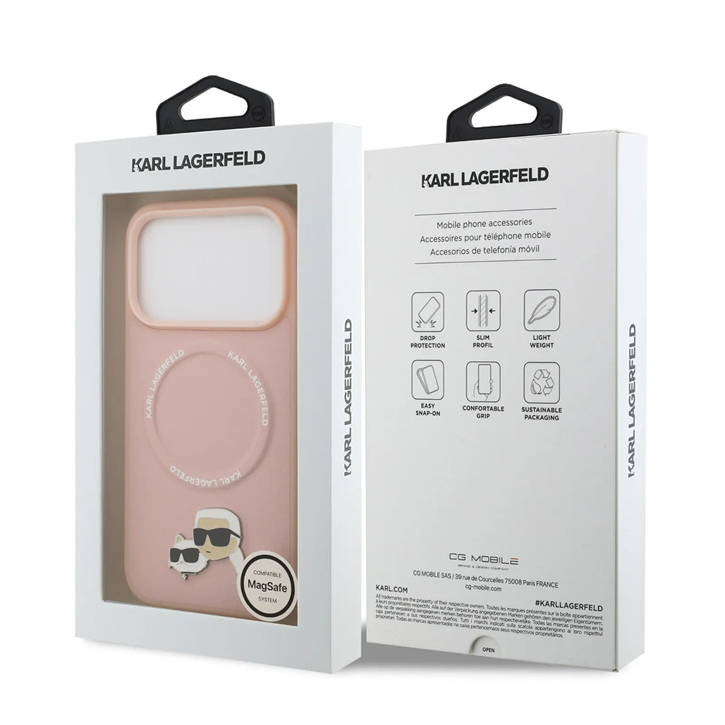 A Photo Of Karl Lagerfeld PU Leather Case with Karl & Choupette Head Pins for iPhone 17 Pro Max