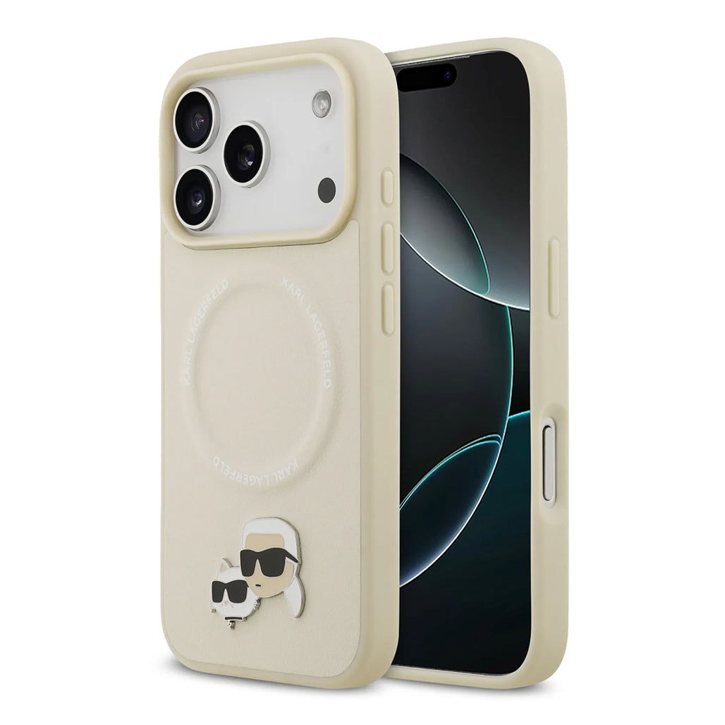 A Photo Of Karl Lagerfeld PU Leather Case with Karl & Choupette Head Pins for iPhone 17 Pro Max