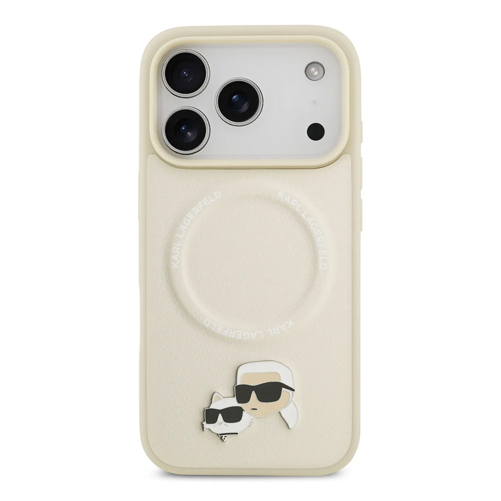 A Photo Of Karl Lagerfeld PU Leather Case with Karl & Choupette Head Pins for iPhone 17 Pro Max
