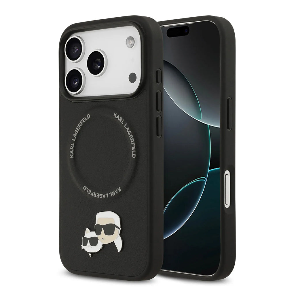 A Photo Of Karl Lagerfeld PU Leather Case with Karl & Choupette Head Pins for iPhone 17 Pro Max