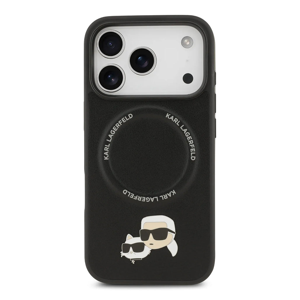 A Photo Of Karl Lagerfeld PU Leather Case with Karl & Choupette Head Pins for iPhone 17 Pro Max