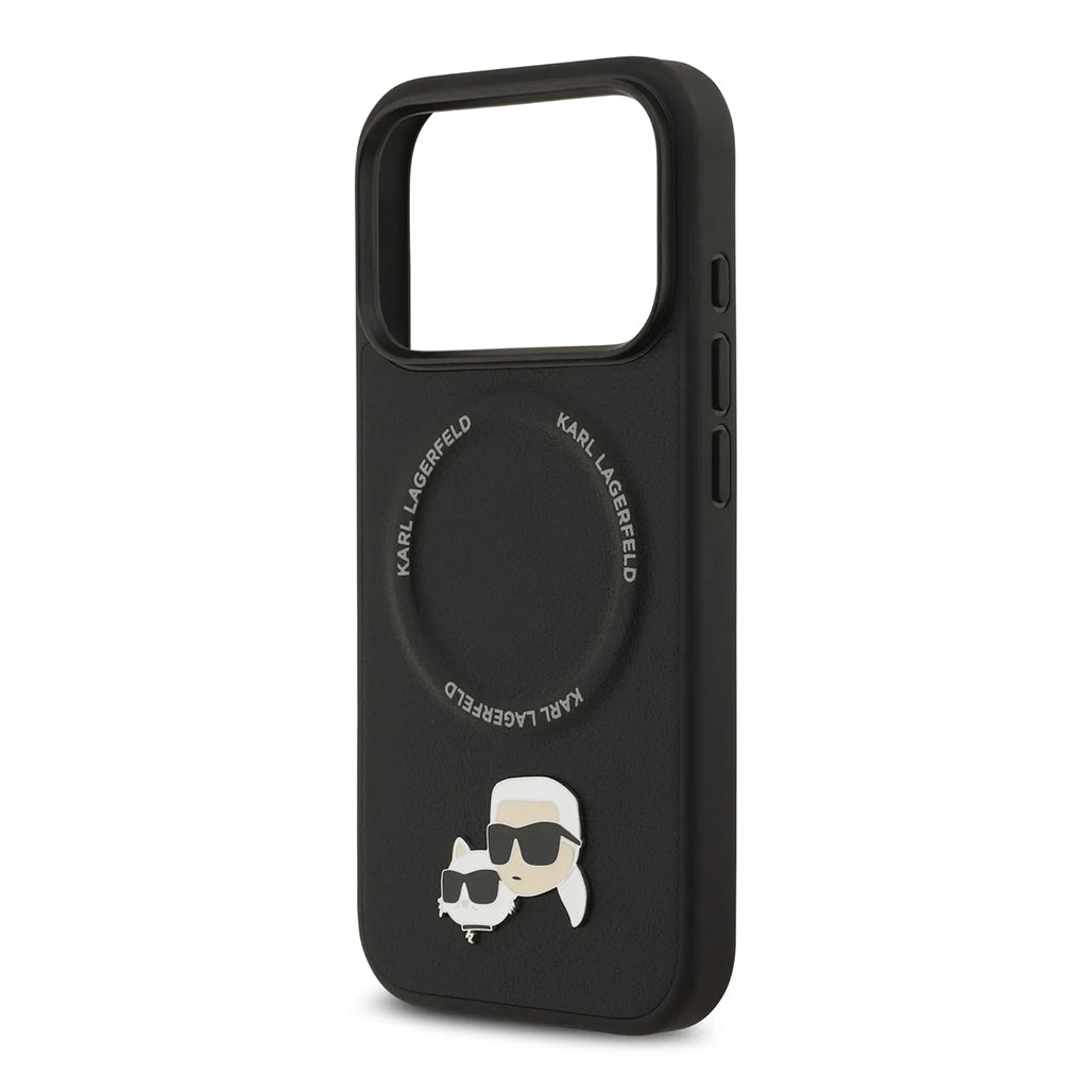 A Photo Of Karl Lagerfeld PU Leather Case with Karl & Choupette Head Pins for iPhone 17 Pro Max