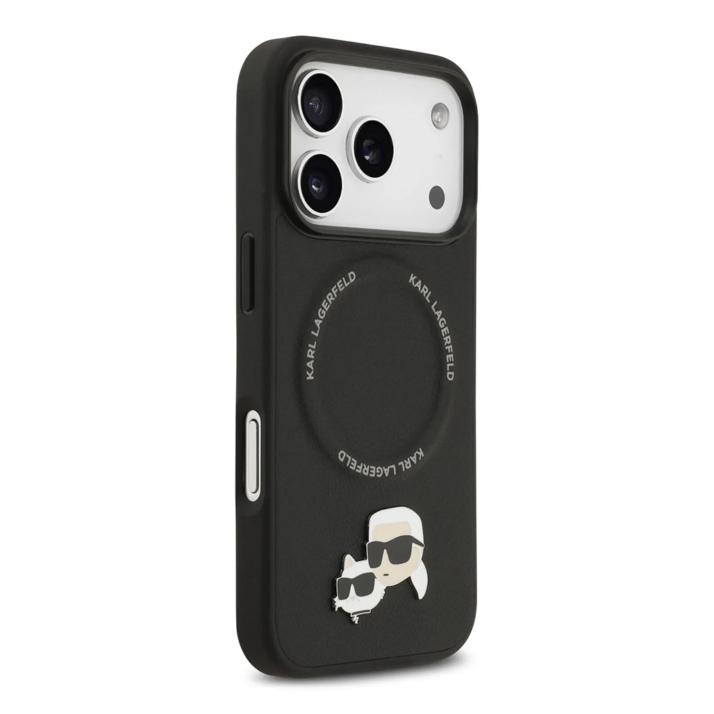A Photo Of Karl Lagerfeld PU Leather Case with Karl & Choupette Head Pins for iPhone 17 Pro Max