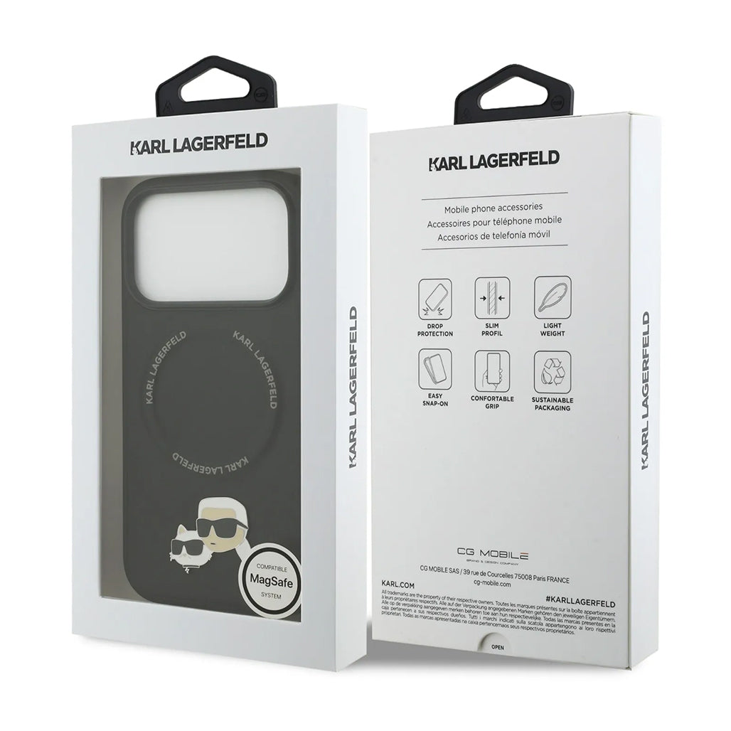 A Photo Of Karl Lagerfeld PU Leather Case with Karl & Choupette Head Pins for iPhone 17 Pro Max