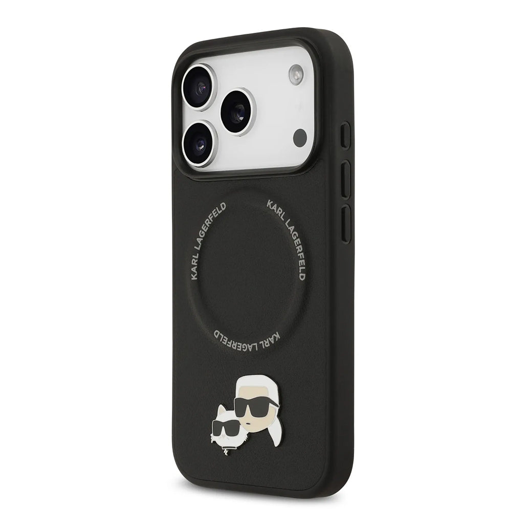 A Photo Of Karl Lagerfeld PU Leather Case with Karl & Choupette Head Pins for iPhone 17 Pro Max