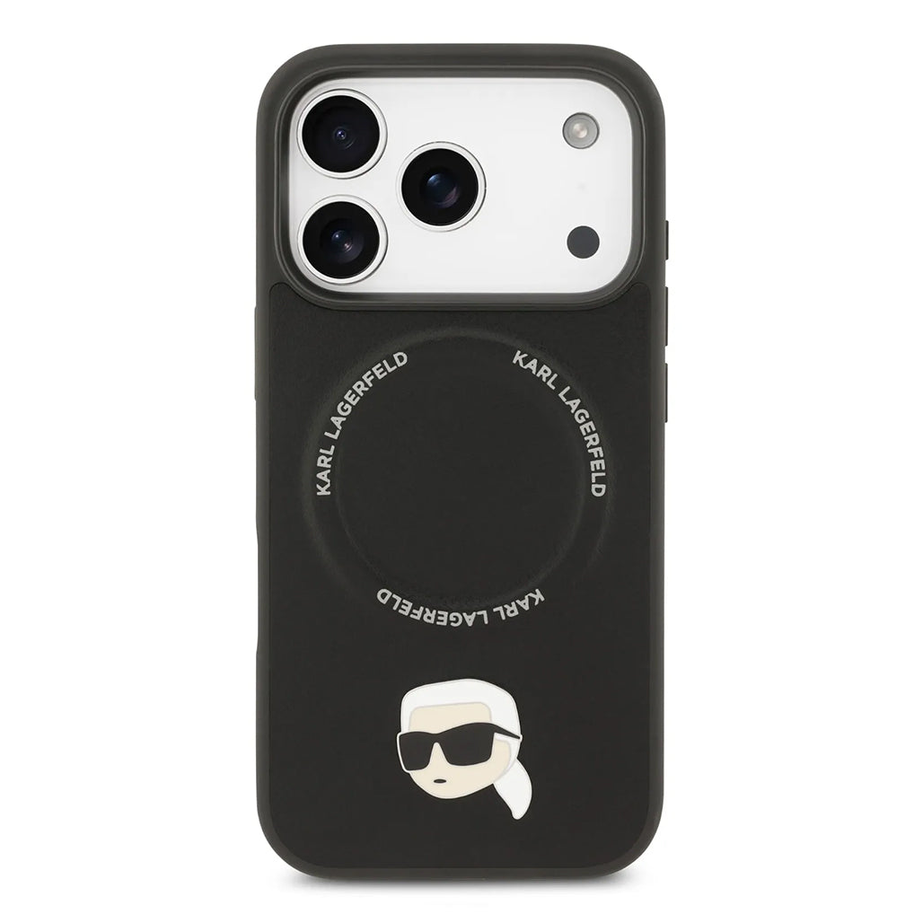 A Photo Of Karl Lagerfeld PU Leather Case with Karl Head Pins for iPhone 17 Pro