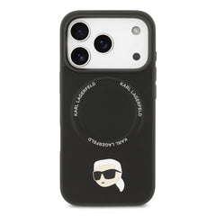 A Photo Of Karl Lagerfeld PU Leather Case with Karl Head Pins for iPhone 17 Pro