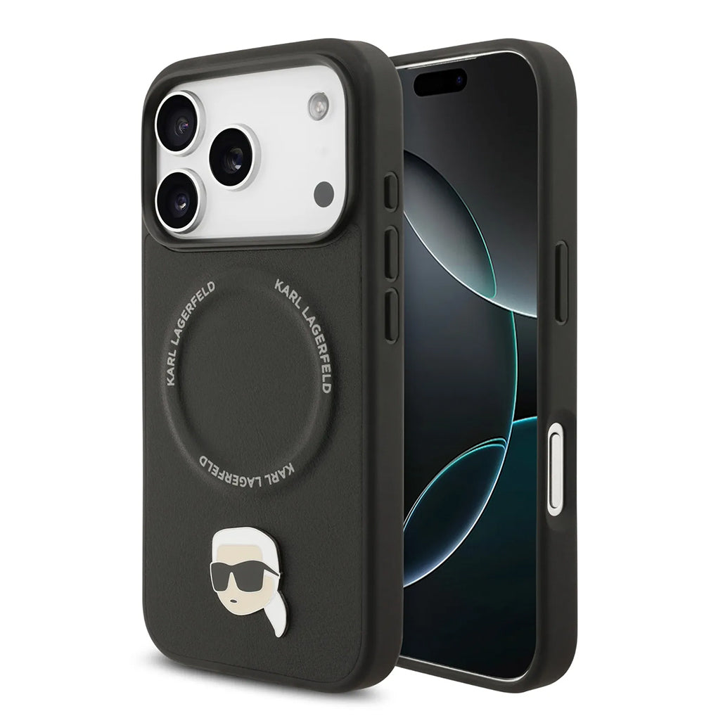A Photo Of Karl Lagerfeld PU Leather Case with Karl Head Pins for iPhone 17 Pro