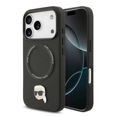 A Photo Of Karl Lagerfeld PU Leather Case with Karl Head Pins for iPhone 17 Pro