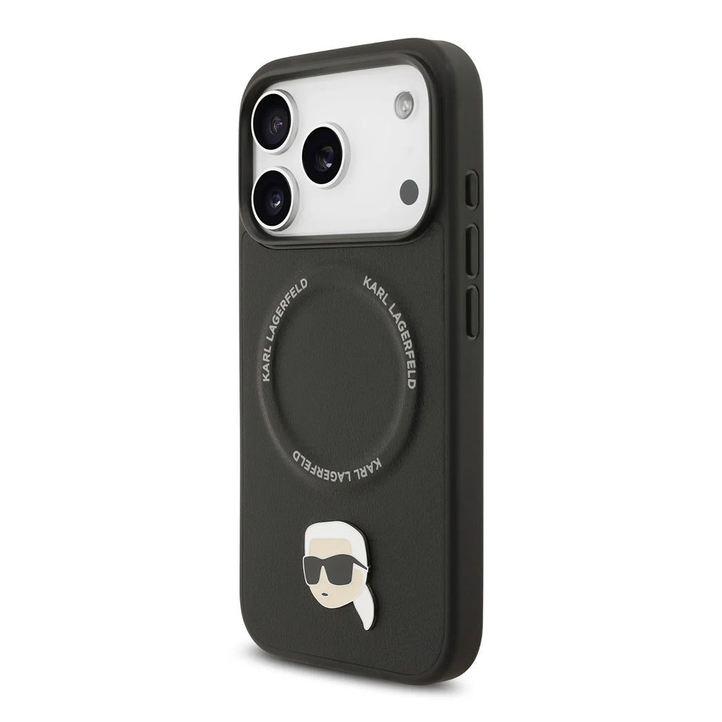 A Photo Of Karl Lagerfeld PU Leather Case with Karl Head Pins for iPhone 17 Pro