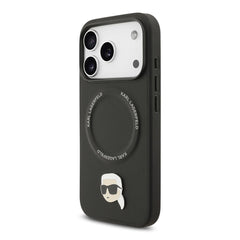 A Photo Of Karl Lagerfeld PU Leather Case with Karl Head Pins for iPhone 17 Pro
