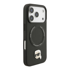 A Photo Of Karl Lagerfeld PU Leather Case with Karl Head Pins for iPhone 17 Pro