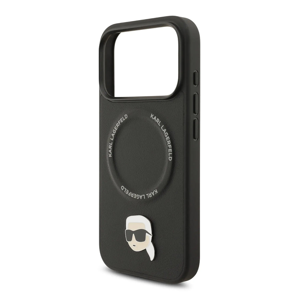 A Photo Of Karl Lagerfeld PU Leather Case with Karl Head Pins for iPhone 17 Pro