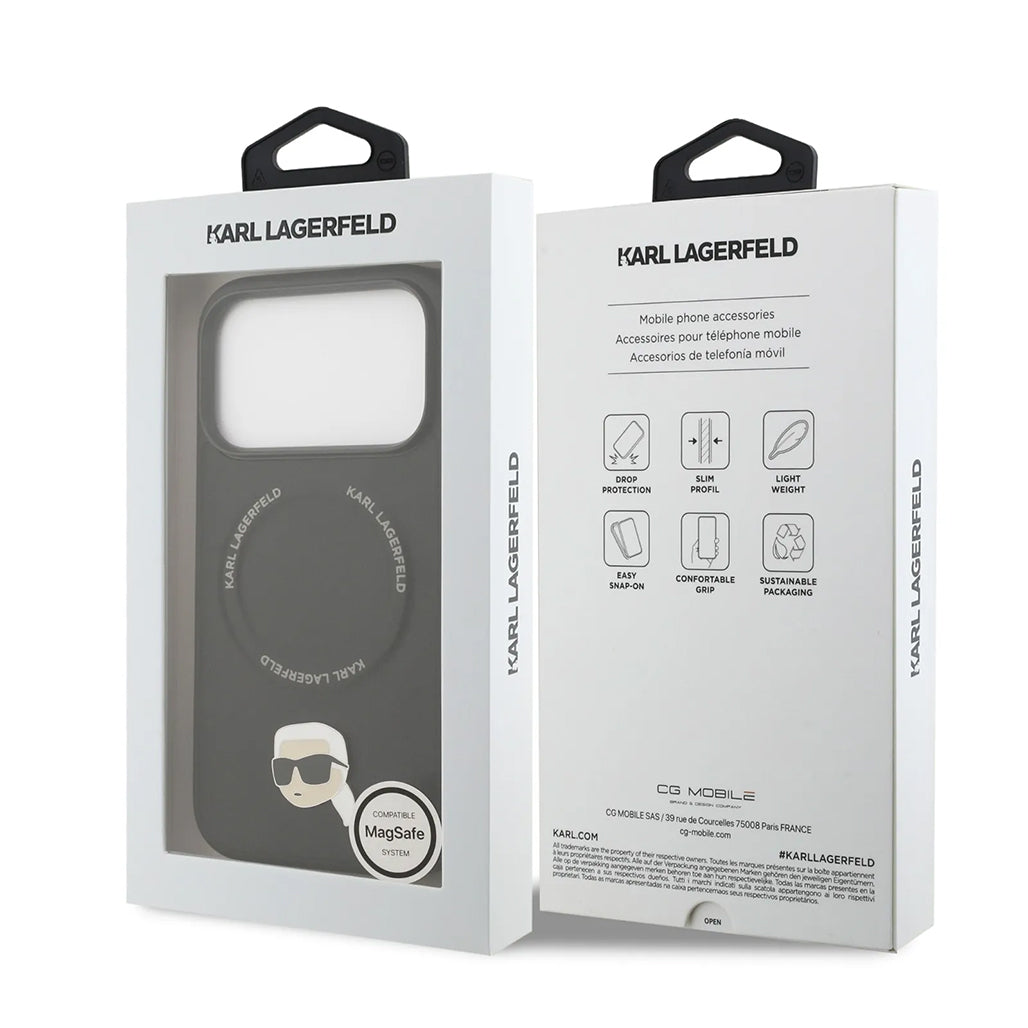 A Photo Of Karl Lagerfeld PU Leather Case with Karl Head Pins for iPhone 17 Pro