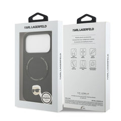 A Photo Of Karl Lagerfeld PU Leather Case with Karl Head Pins for iPhone 17 Pro