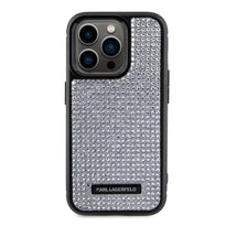 Karl Lagerfeld - Rhinestone with Logo Metal Plate Case for iPhone 15 Pro - Silver