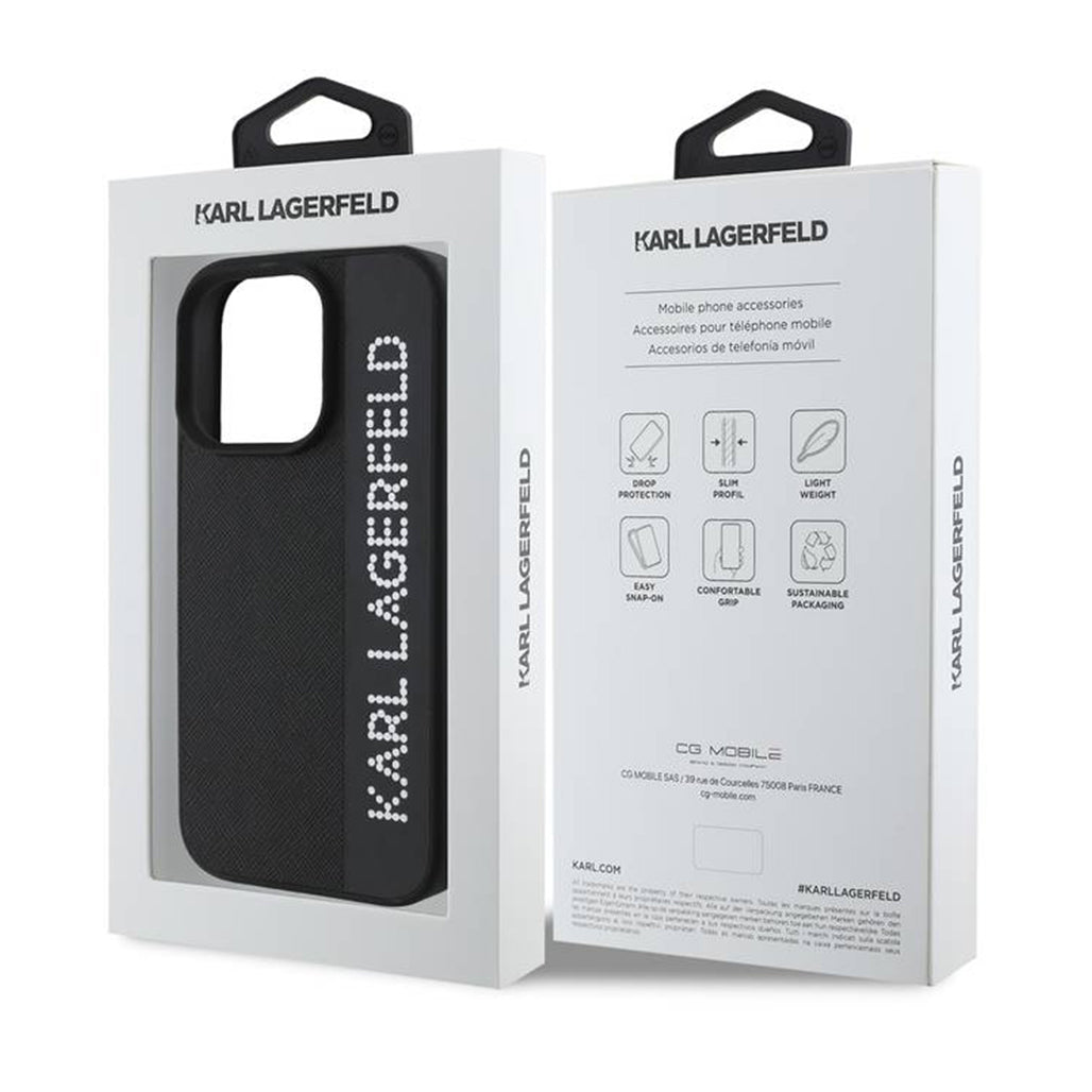 A Photo Of Karl Lagerfeld Saffiano Leather Hard Case for iPhone 16 Pro Max - Premium Protection with Iconic Elongated Logo Design