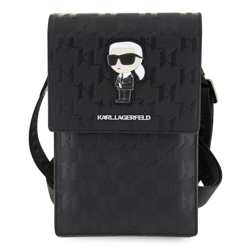 A Photo Of Karl Lagerfeld Monogram Ikonik Wallet Phone Bag – Black ECO Leather Crossbody Purse for Phone, Cards & Essentials
