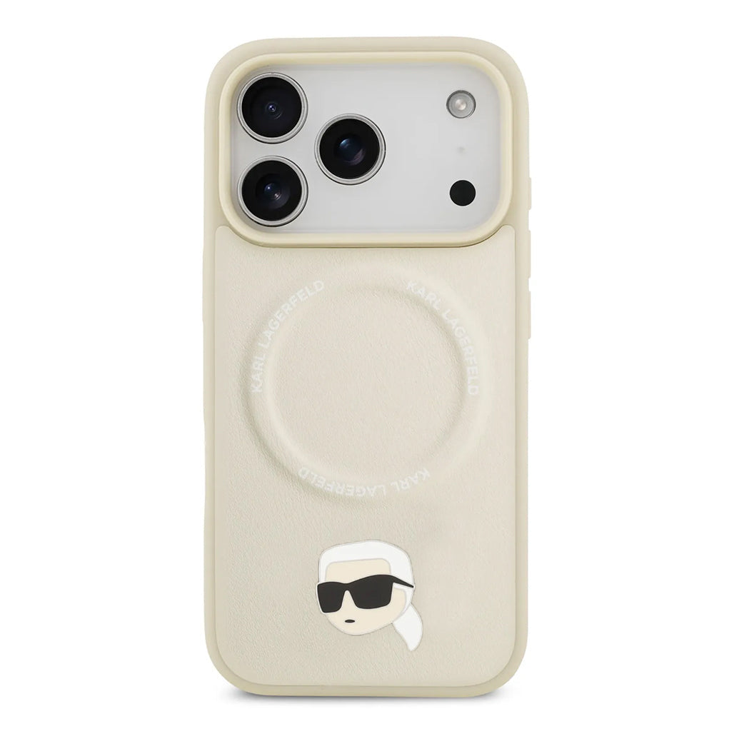 A Photo Of Karl Lagerfeld PU Leather Case with Karl Head Pins for iPhone 17 Pro Max