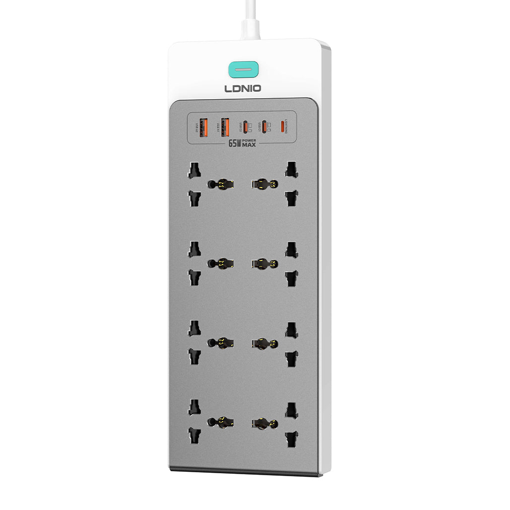 A Photo Of LDNIO SC4 65W GaN 13-in-1 Desktop Power Strip with 8 AC Outlets, USB-C, USB-A & Lightning