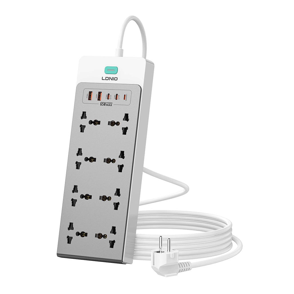 A Photo Of LDNIO SC4 65W GaN 13-in-1 Desktop Power Strip with 8 AC Outlets, USB-C, USB-A & Lightning