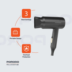 A Photo Of Porodo Lifestyle 1200W Foldable Hair Dryer 1.8M Cable - Black